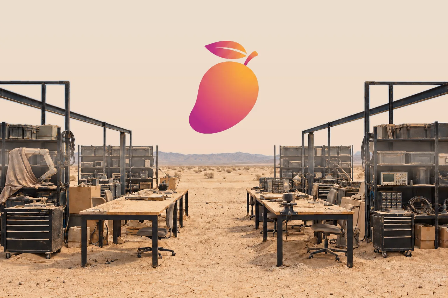 An open-air electronics lab standing in an empty desert by day: two workbenches, steel shelving and toolchests under a cream sky, with the Desert Mango mango above them.